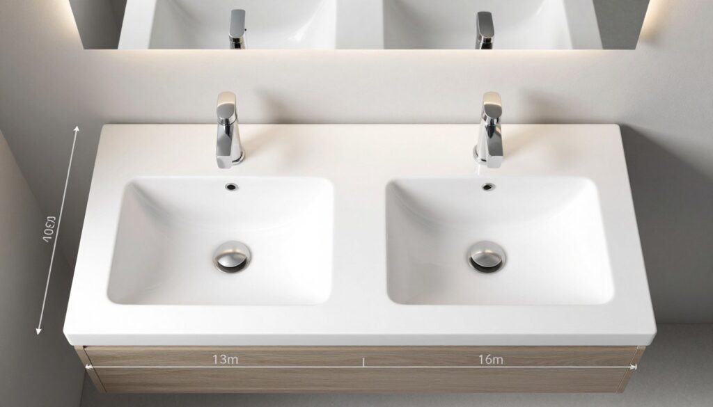 Double sink bathroom vanity with measurement guidelines