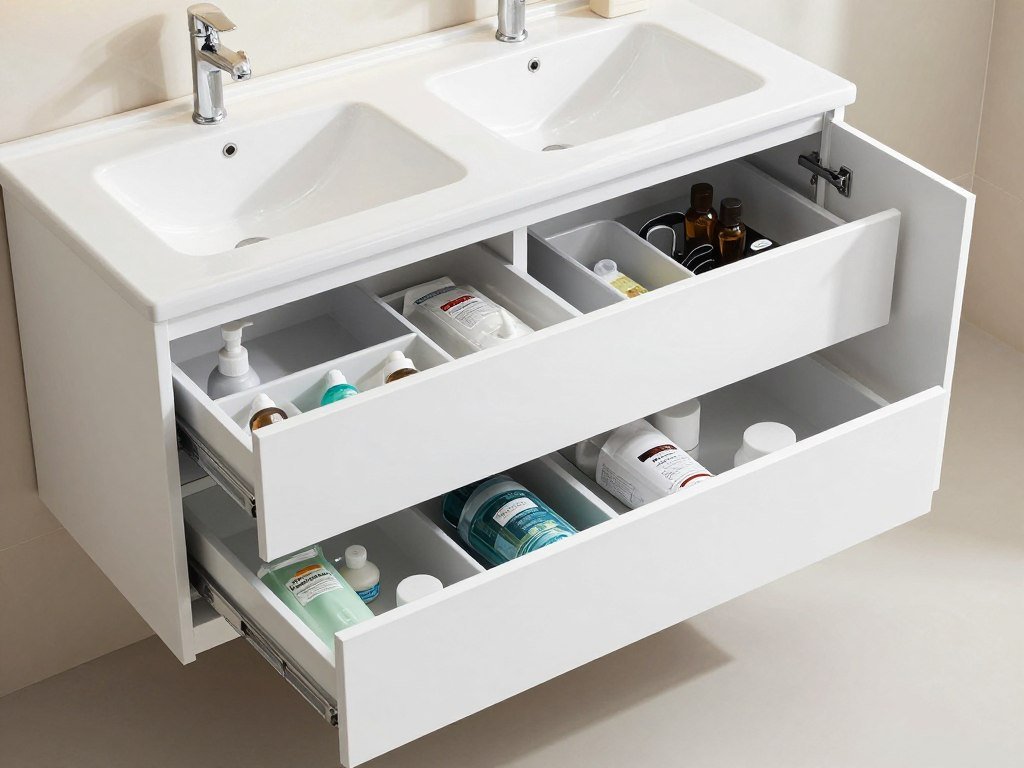 Double sink bathroom vanity with various storage configurations