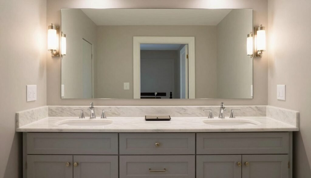 Double sink vanity with ample storage and a shared mirror in a master bathroom