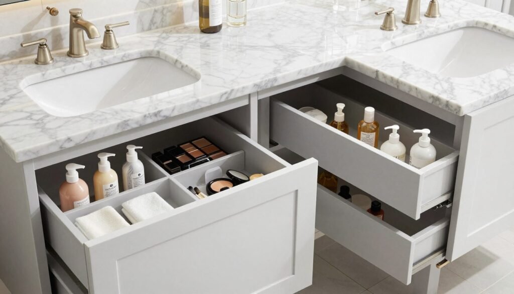 Double vanity bathroom with extensive storage options and organized drawers