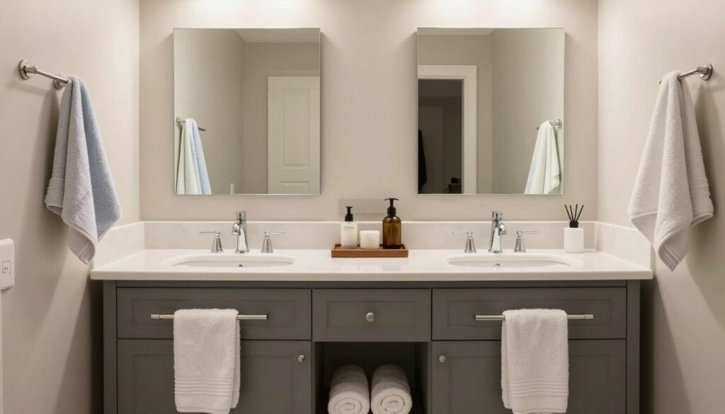 Double vanity bathroom with perfect color coordination and accent pieces