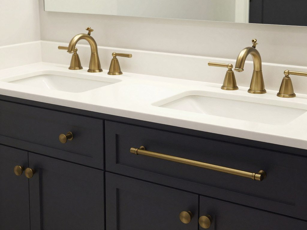 Double vanity with coordinated hardware and fixtures in matching finishes