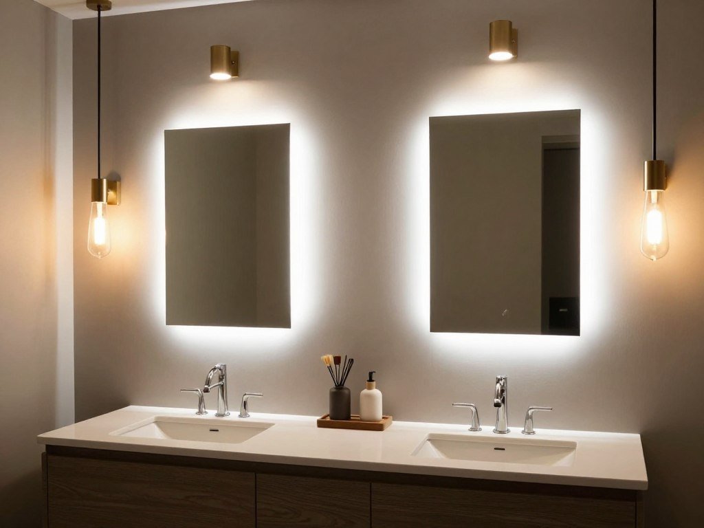 Double vanity with dramatic lighting fixtures and perfect illumination