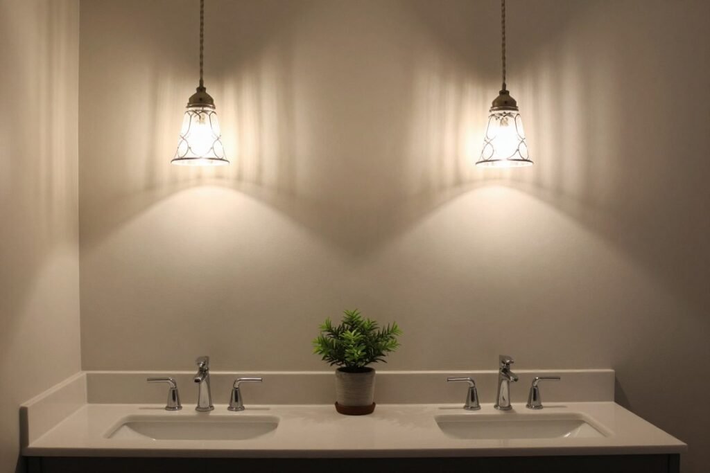Double vanity with hanging pendant lights providing focused illumination over each sink