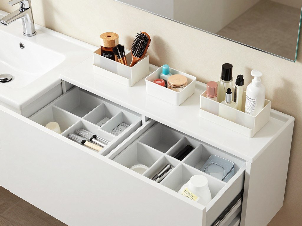 Double vanity with smart storage solutions and organizational accessories