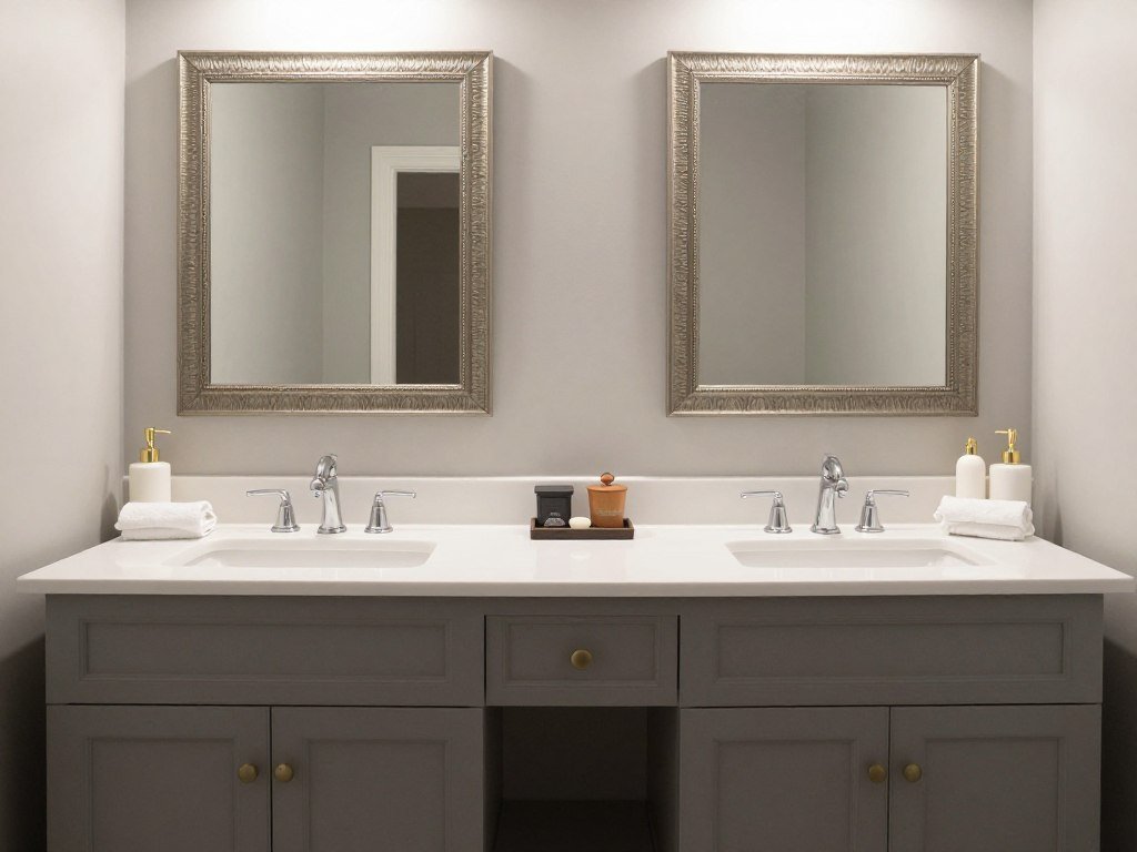 Double vanity with symmetrical styling and balanced decorative elements