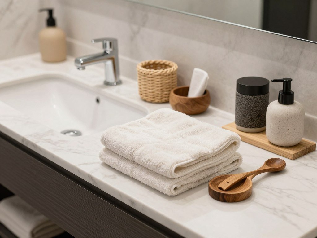 Double vanity with textural elements including plush towels and natural materials