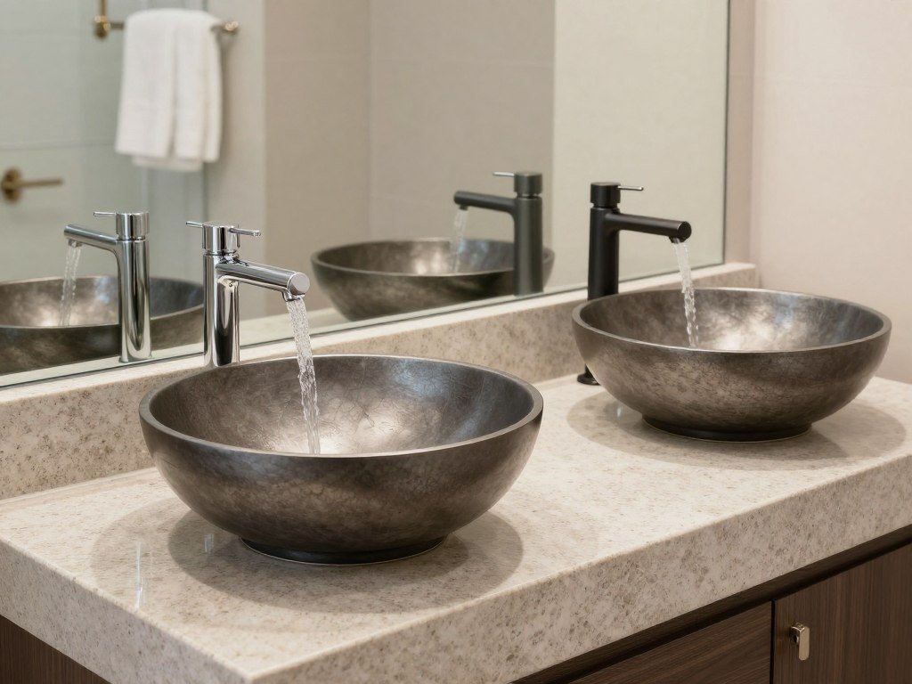 Double vanity with vessel sinks and waterfall faucets
