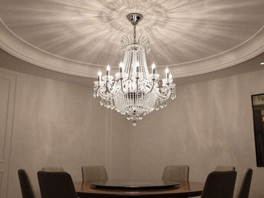 Dramatic crystal chandelier hanging over a glam dining table