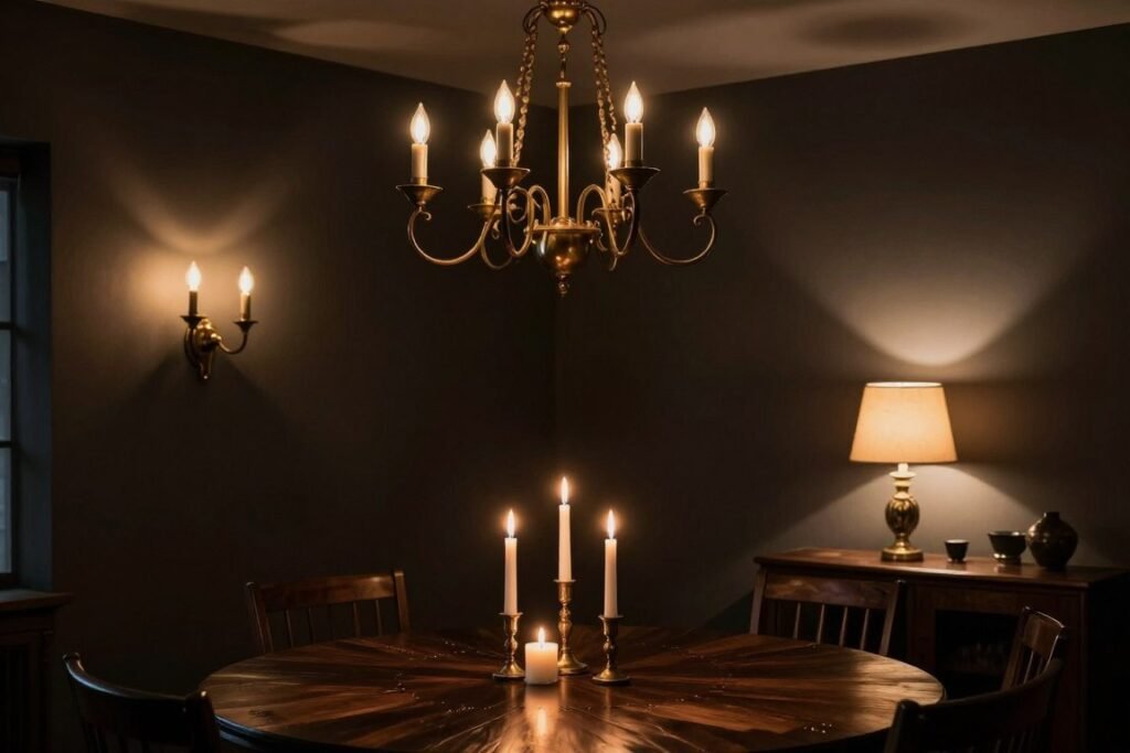 Dramatic lighting in a moody dining room featuring a statement chandelier and ambient wall sconces