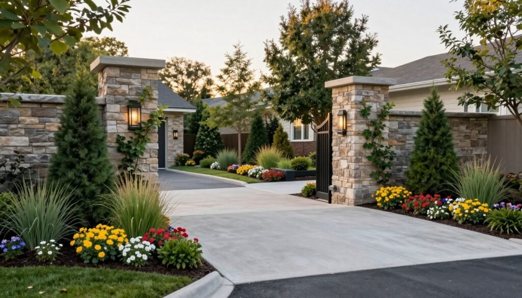 Dramatic side of driveway landscaping at entrance with focal point plants and decorative elements