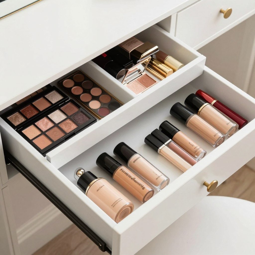 Drawer dividers organizing makeup and beauty products