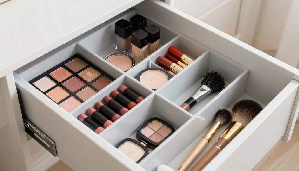 Drawer organizers keeping makeup and beauty tools neatly arranged in vanity drawers