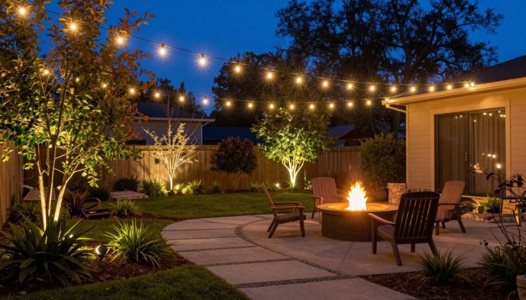 Dream backyard with various lighting elements creating evening ambiance
