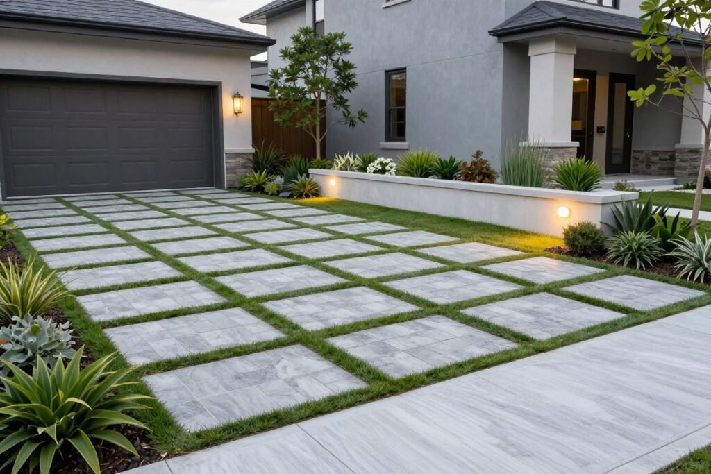 Driveway with permeable pavers, border plantings, and integrated lighting