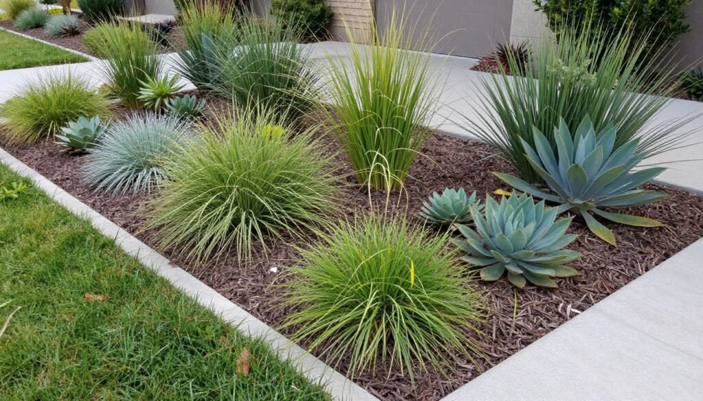 Drought-tolerant front yard landscape with native plants and mulch for front bed landscaping ideas Drought-tolerant front yard landscape with native plants and mulch for front bed landscaping ideas