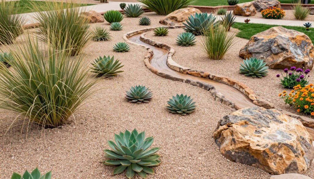 Drought-tolerant front yard with succulents, ornamental grasses, and gravel mulch