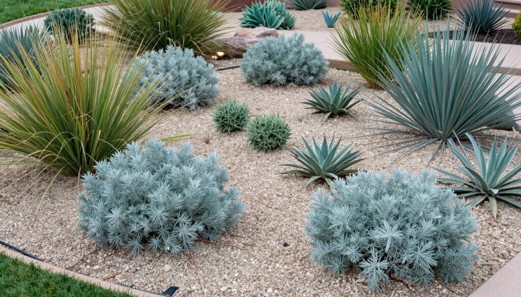 Drought-tolerant landscape featuring native plants, decorative gravel, and efficient irrigation systems Drought-tolerant landscape featuring native plants, decorative gravel, and efficient irrigation systems