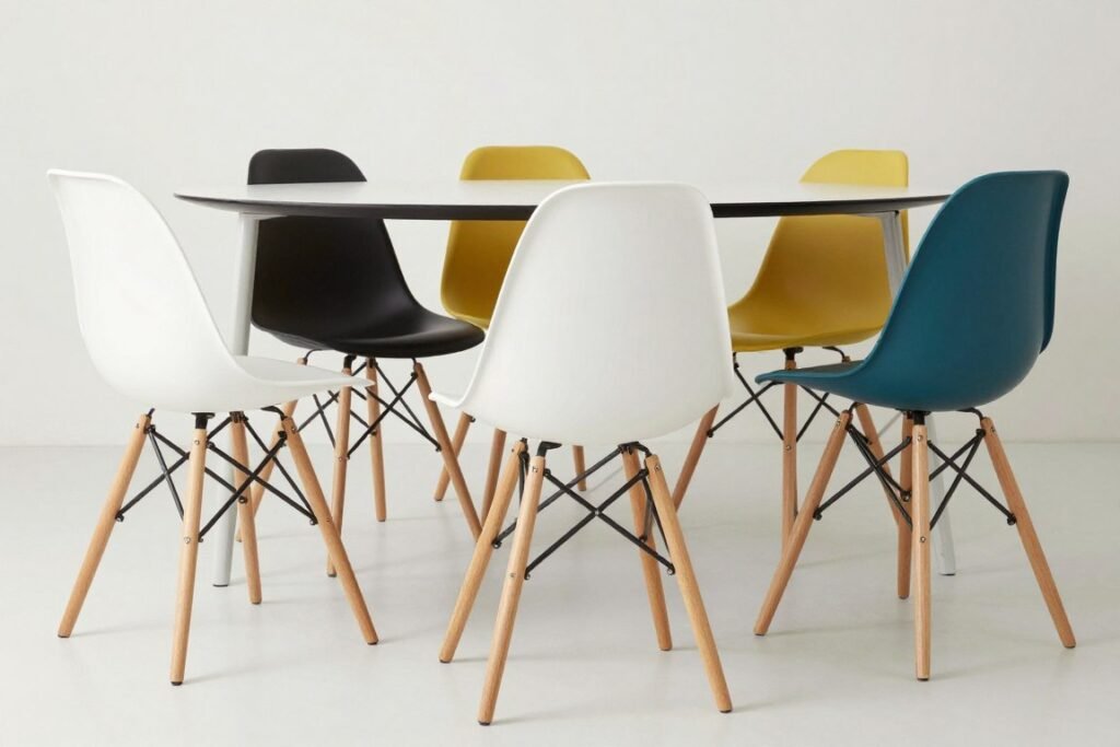 Eames-style molded plastic dining chairs in various colors