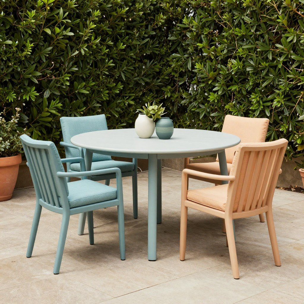 Eclectic outdoor dining set with mismatched chairs unified by color scheme