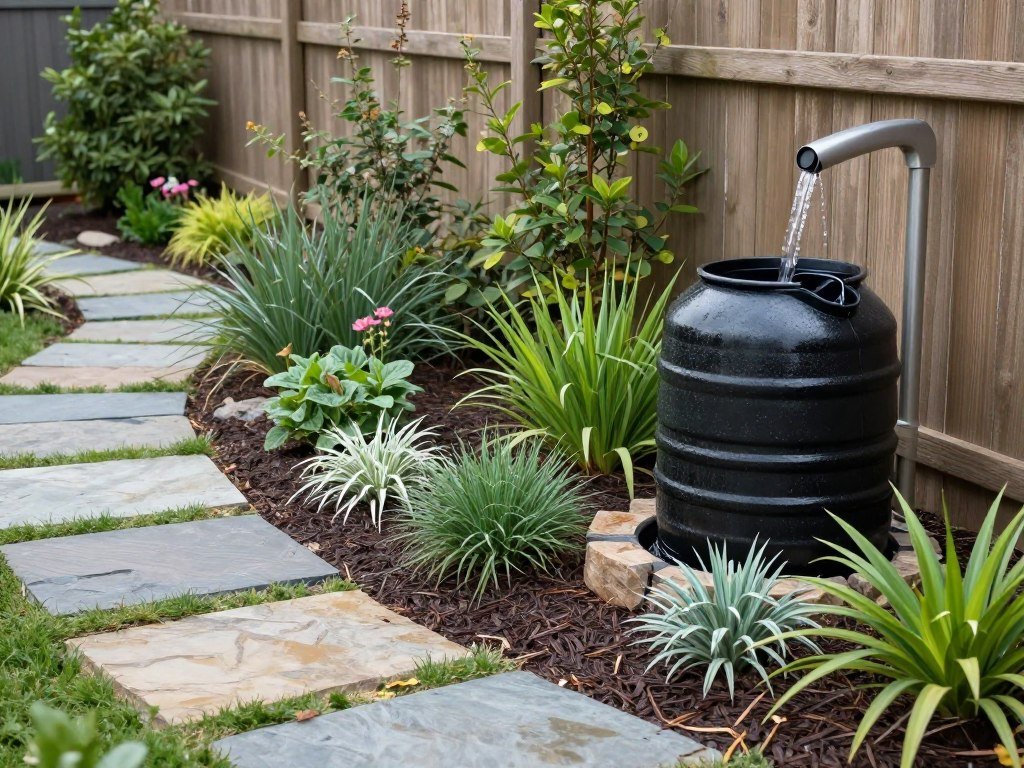 Eco-friendly backyard with native plants, rain barrel, and natural materials