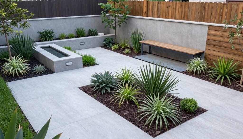 Eco-friendly modern backyard with drought-tolerant plants and sustainable materials