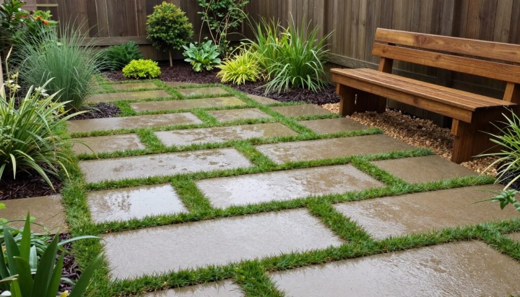 Eco-friendly permeable paver patio with grass growing between pavers