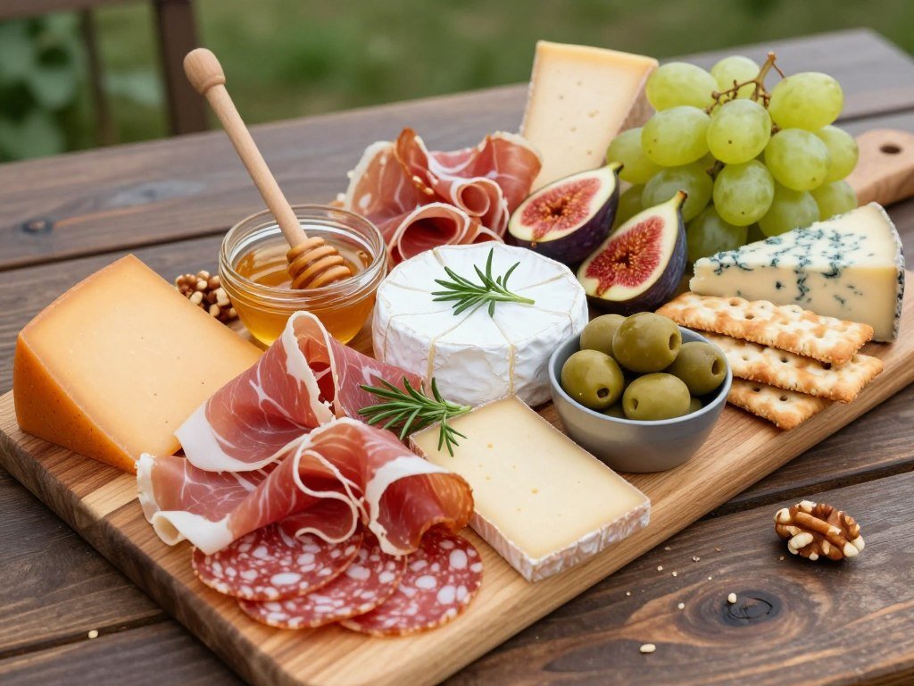 Elaborate charcuterie board with meats, cheeses, fruits, and accompaniments on an outdoor table