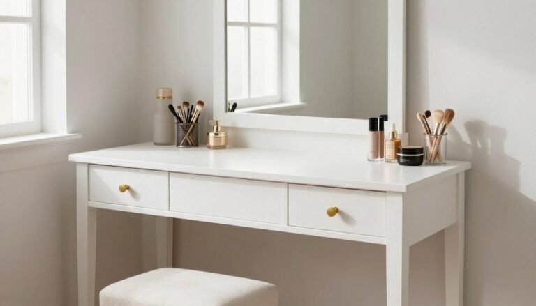 Elegant DIY vanity with mirror and organized makeup products