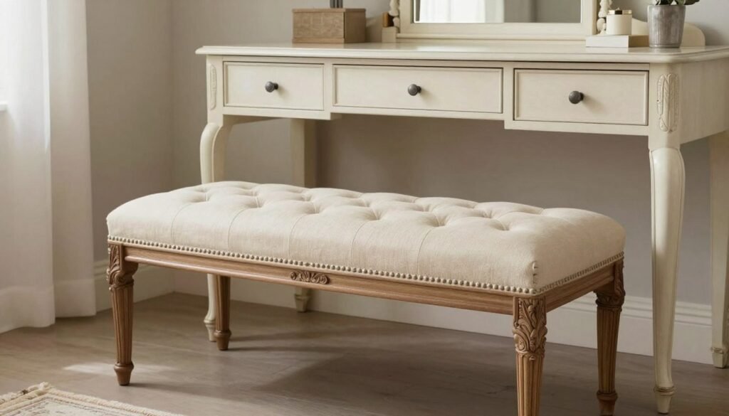 Elegant backless vanity bench with tufted upholstery and carved legs enhancing vintage vanity aesthetic