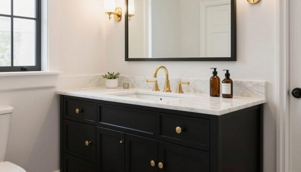 Elegant bathroom featuring a black vanity with marble countertop and brass fixtures