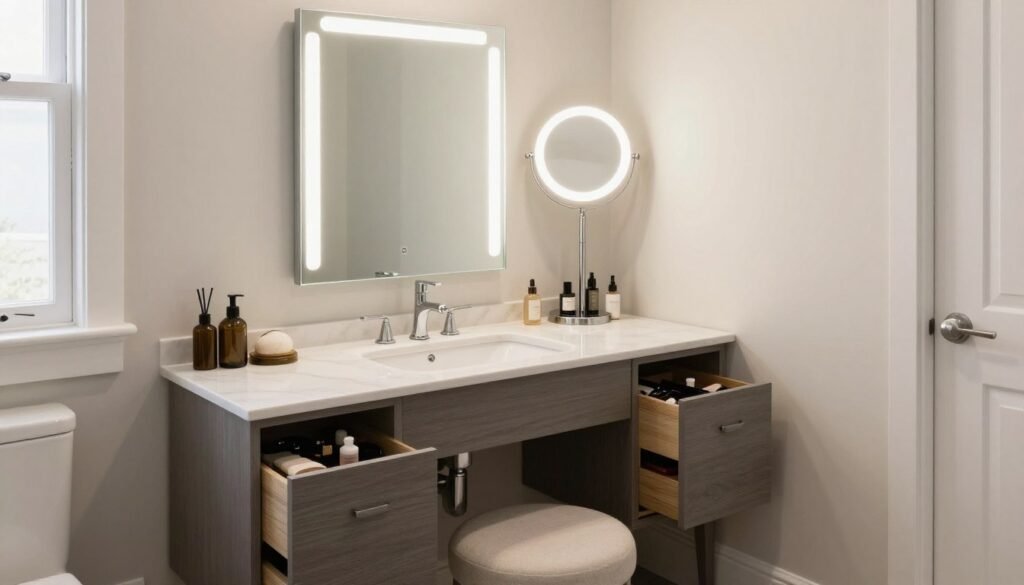 Elegant bathroom vanity setup with dedicated makeup area, good lighting, and organized storage