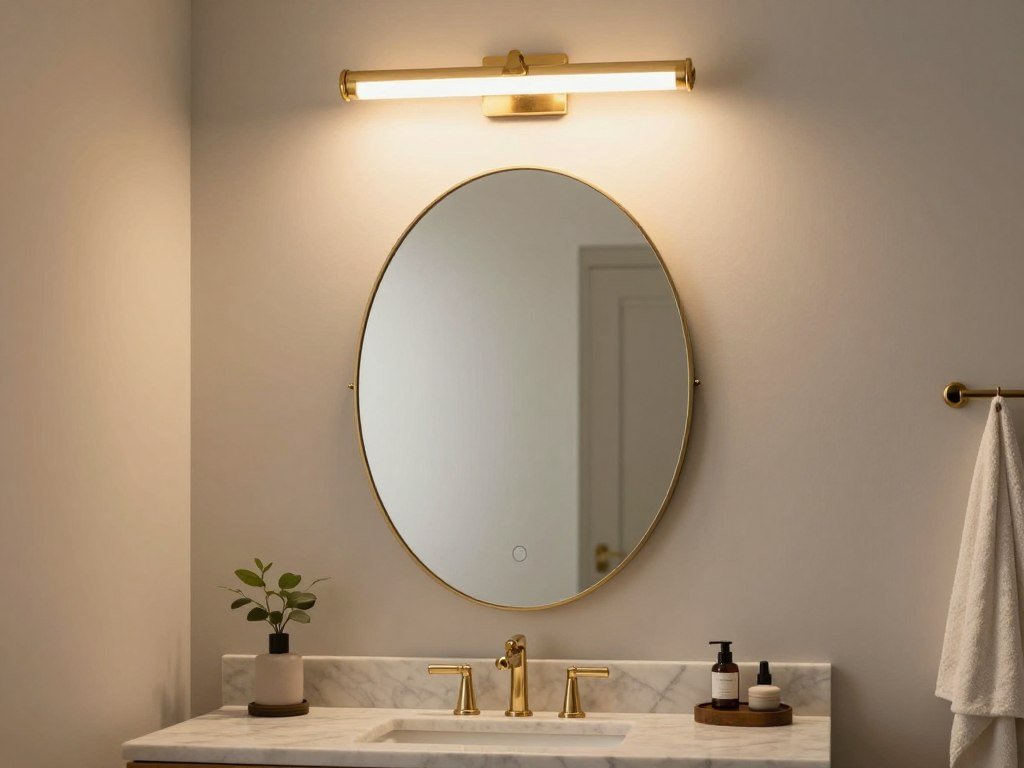 Elegant bathroom with brass picture light mounted above oval mirror