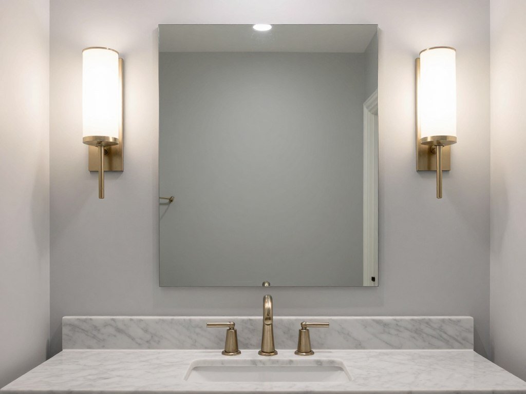 Elegant bathroom with matching wall sconces on either side of a vanity mirror