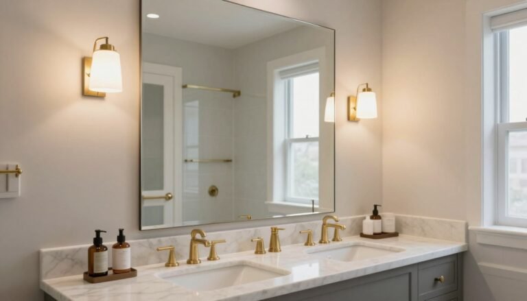Elegant bathroom with modern vanity lights mounted on both sides of a large mirror