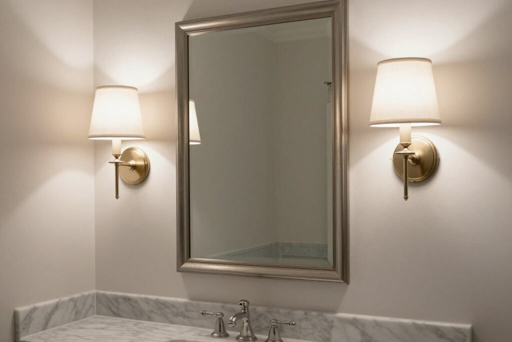 Elegant bathroom with wall sconces mounted on both sides of a mirror