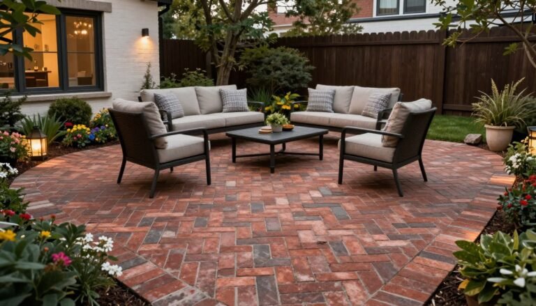 Elegant brick patio with comfortable outdoor furniture surrounded by lush landscaping