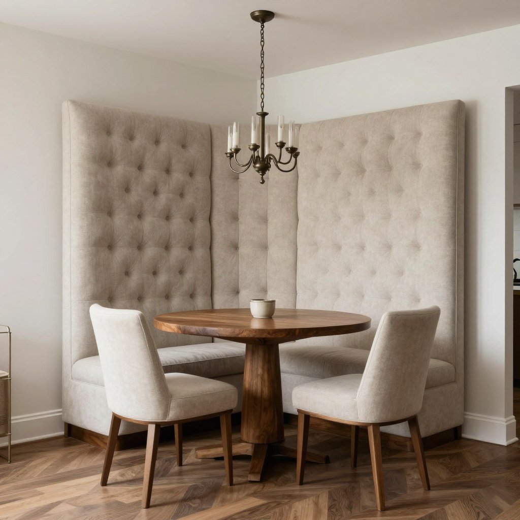 Elegant corner dining nook with tufted upholstery and chandelier