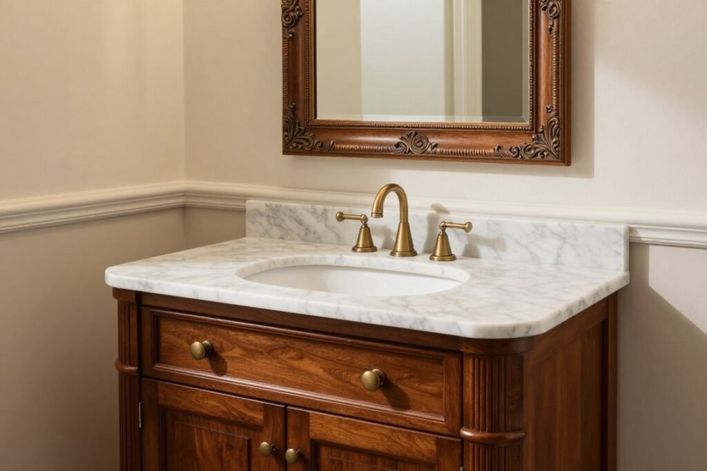 Elegant corner vanity with rich wood finish, marble top, and ornate details