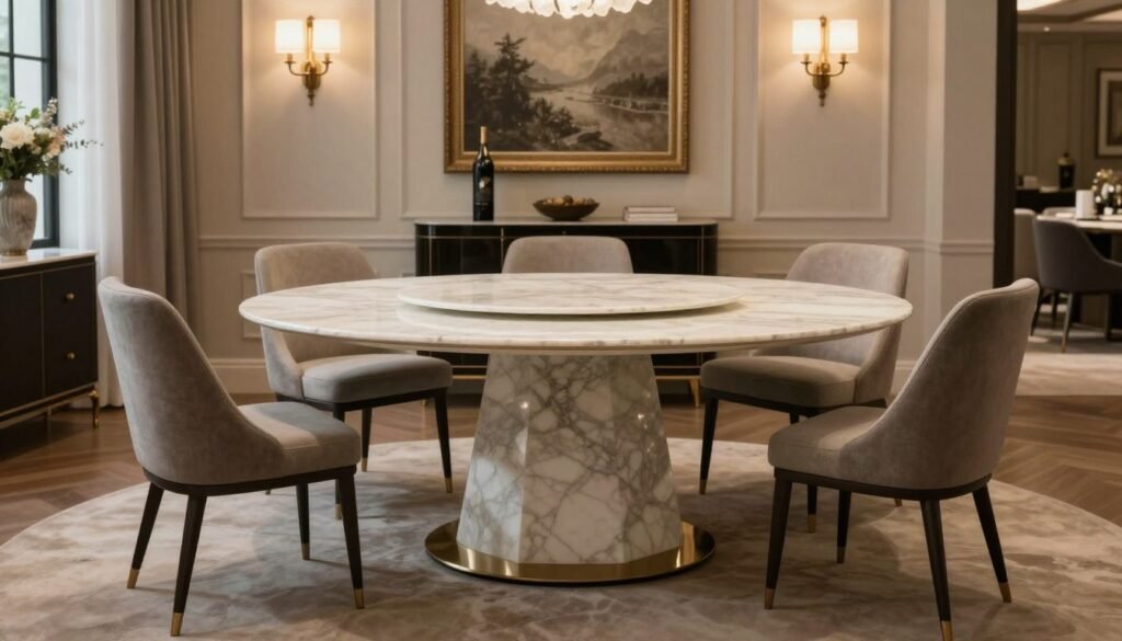 Elegant dining room centered around a stunning marble dining table
