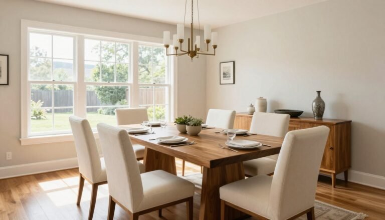 Elegant dining room set with wooden table and upholstered chairs in a bright, airy space