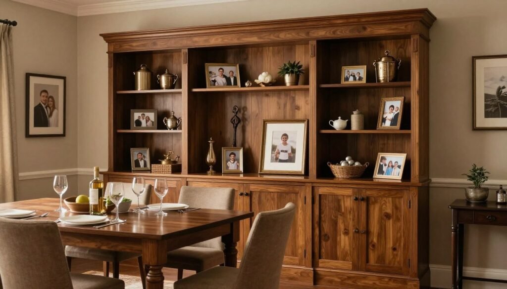 Elegant dining room with a custom built in buffet, beautifully styled with personal items and decorative pieces