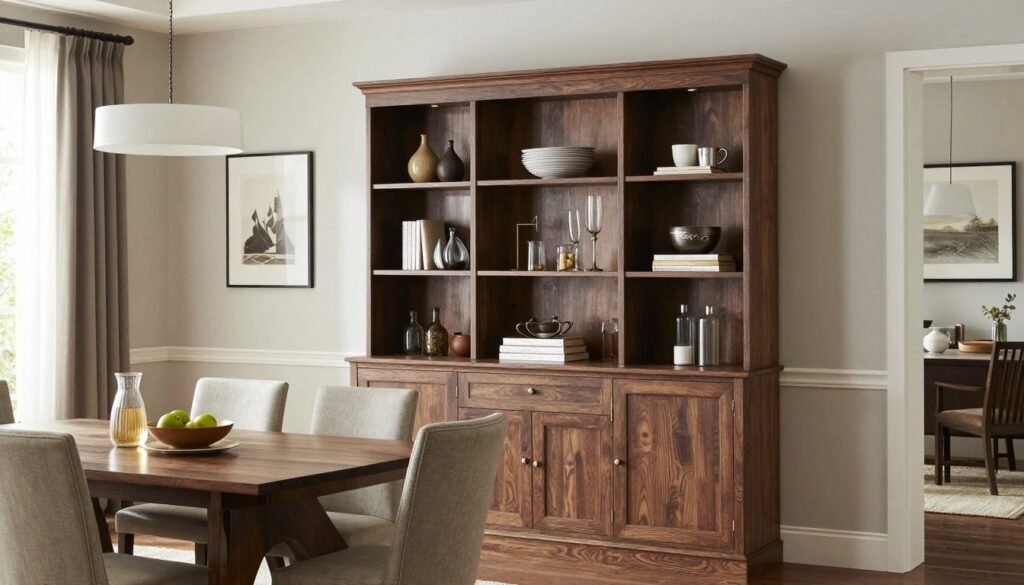 Elegant dining room with a perfectly styled hutch that complements the overall design scheme Elegant dining room with a perfectly styled hutch that complements the overall design scheme