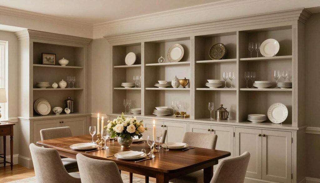Elegant dining room with custom built ins styled for entertaining with table set for dinner
