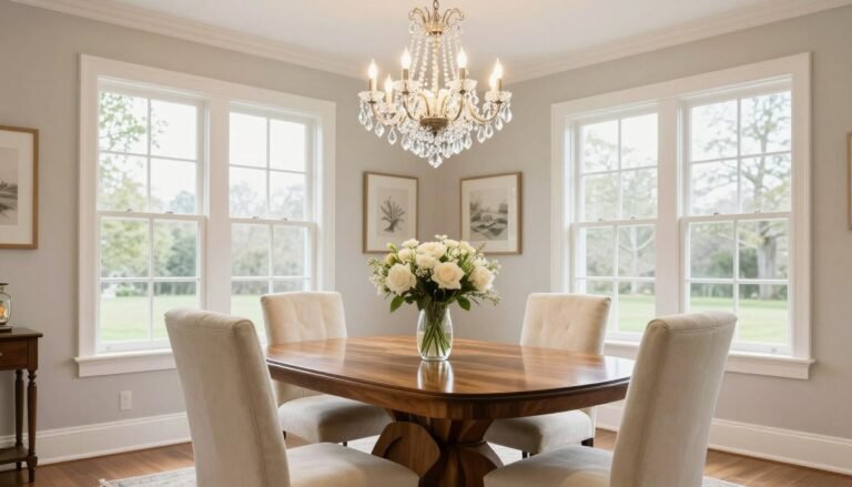 Elegant dining room with large windows, crystal chandelier, and wooden table with upholstered chairs
