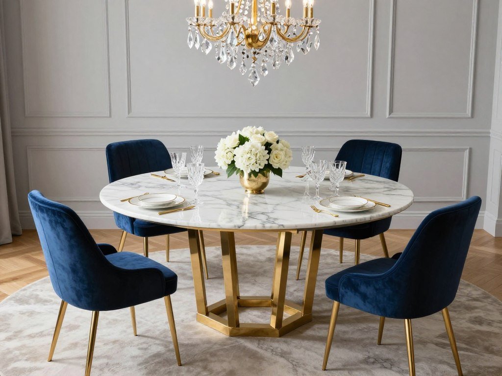 Elegant dining table with white Carrara marble top and gold metal base, surrounded by velvet chairs in a luxurious dining room with crystal chandelier and fresh flowers Elegant dining table with white Carrara marble top and gold metal base, surrounded by velvet chairs in a luxurious dining room with crystal chandelier and fresh flowers