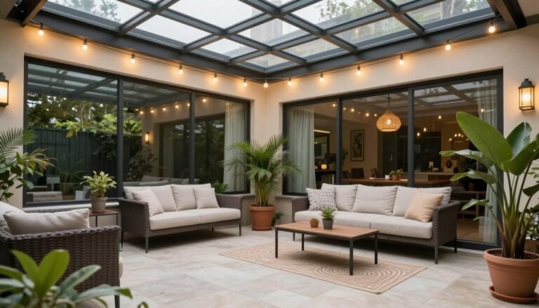Elegant enclosed patio with comfortable seating, plants, and string lights creating a cozy atmosphere protected from the elements