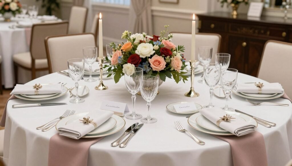 Elegant formal dining table setting with fine china, crystal, and floral centerpiece