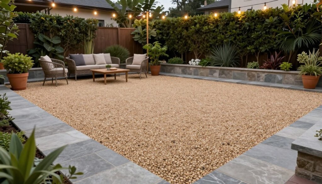 Elegant gravel patio with defined borders and outdoor seating area