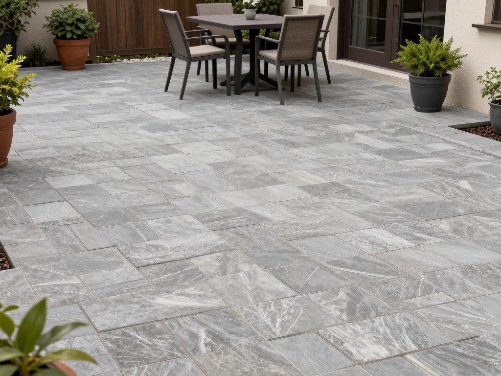 Elegant herringbone pattern stone patio with outdoor dining area